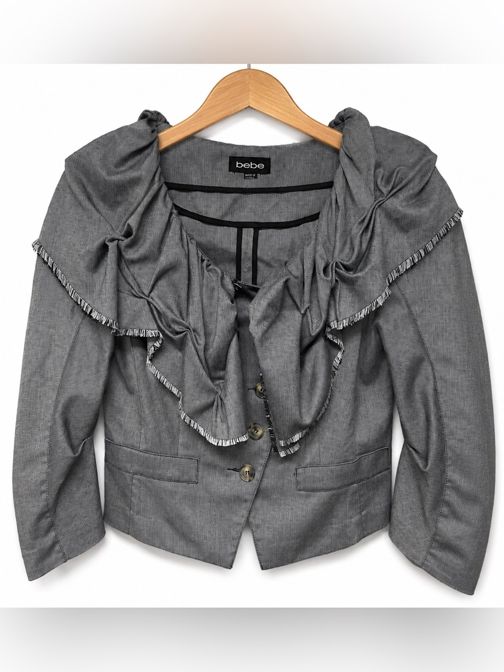 bebe Grey Herringbone Ruffle Blazer Jacket Size 6 Office Siren Statement Career